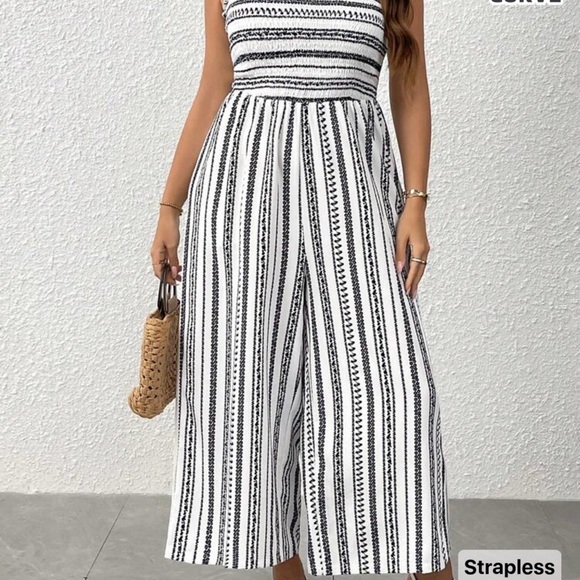 SHEIN Pants - SHEIN Black and White Striped Strapless Jumpsuit